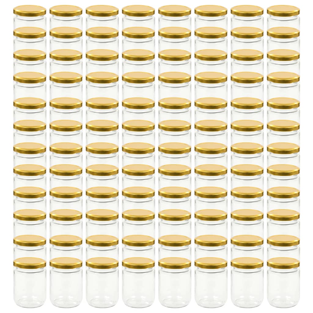 vidaXL Стъклени буркани за сладко със златисти капачки, 96 бр, 230 мл