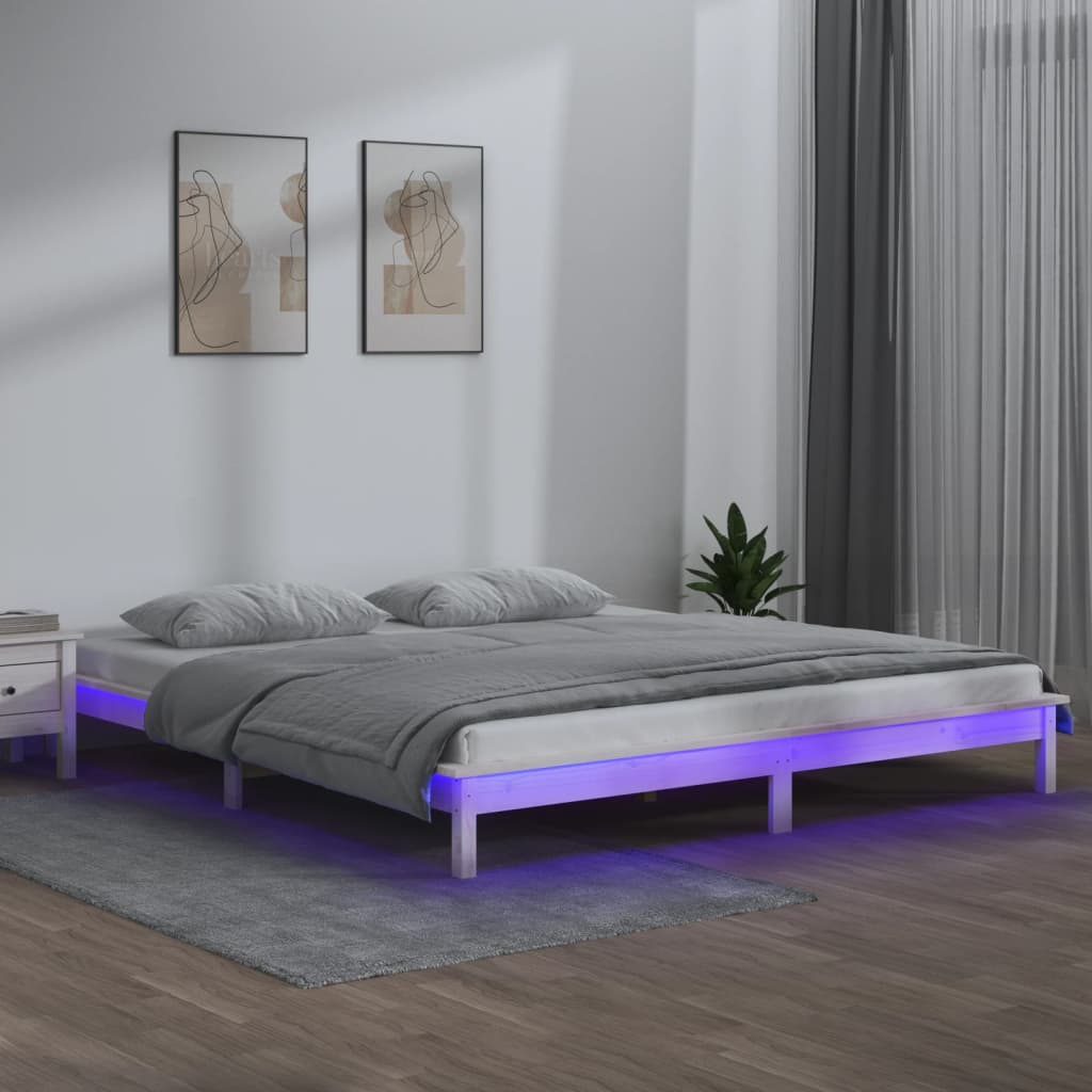 vidaXL Рамка за легло с LED осветление бяла 160x200 см масивно дърво