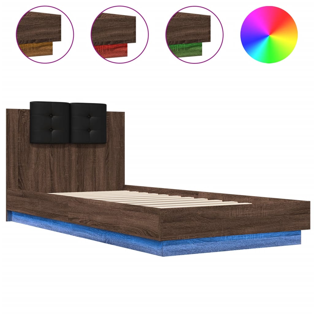 vidaXL Рамка за легло с табла и LED осветление, кафяв дъб, 90x200 см