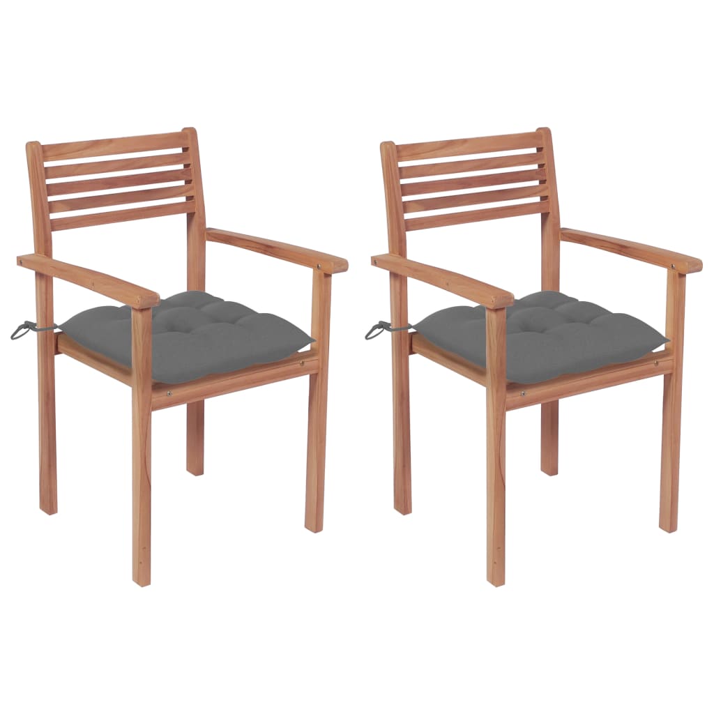 vidaXL Градински столове, 2 бр, сиви възглавници, тиково дърво масив