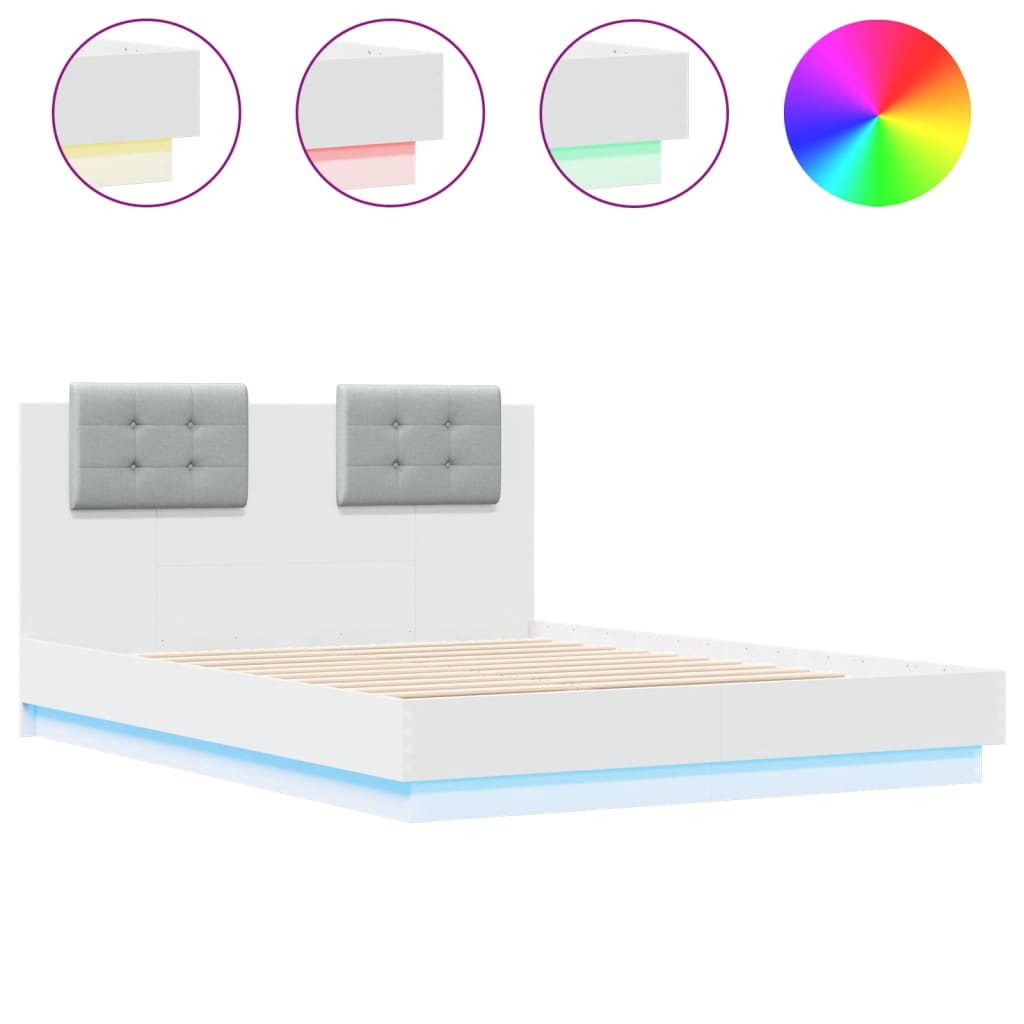 vidaXL Рамка за легло с горна табла и LED осветление, бяла, 140x190 см