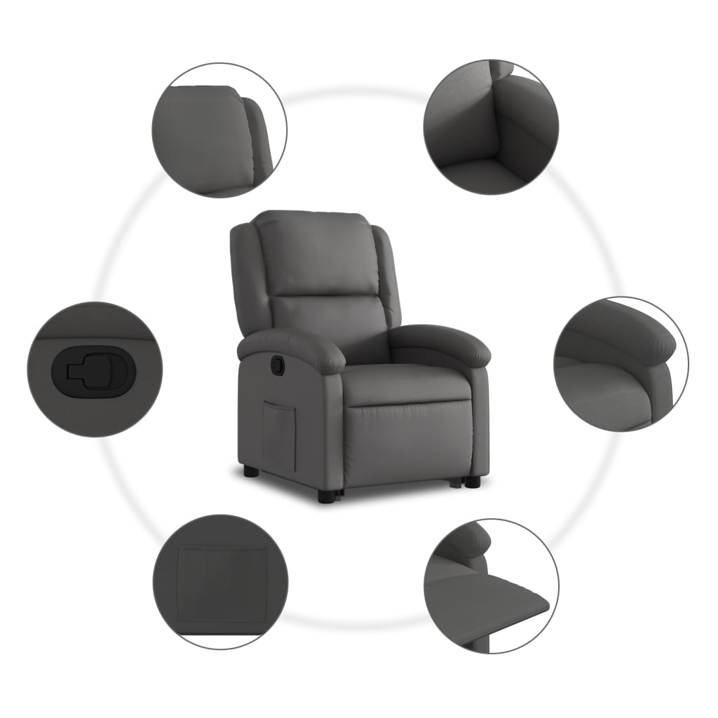 vidaXL Изправящ реклайнер стол, сив, естествена кожа
