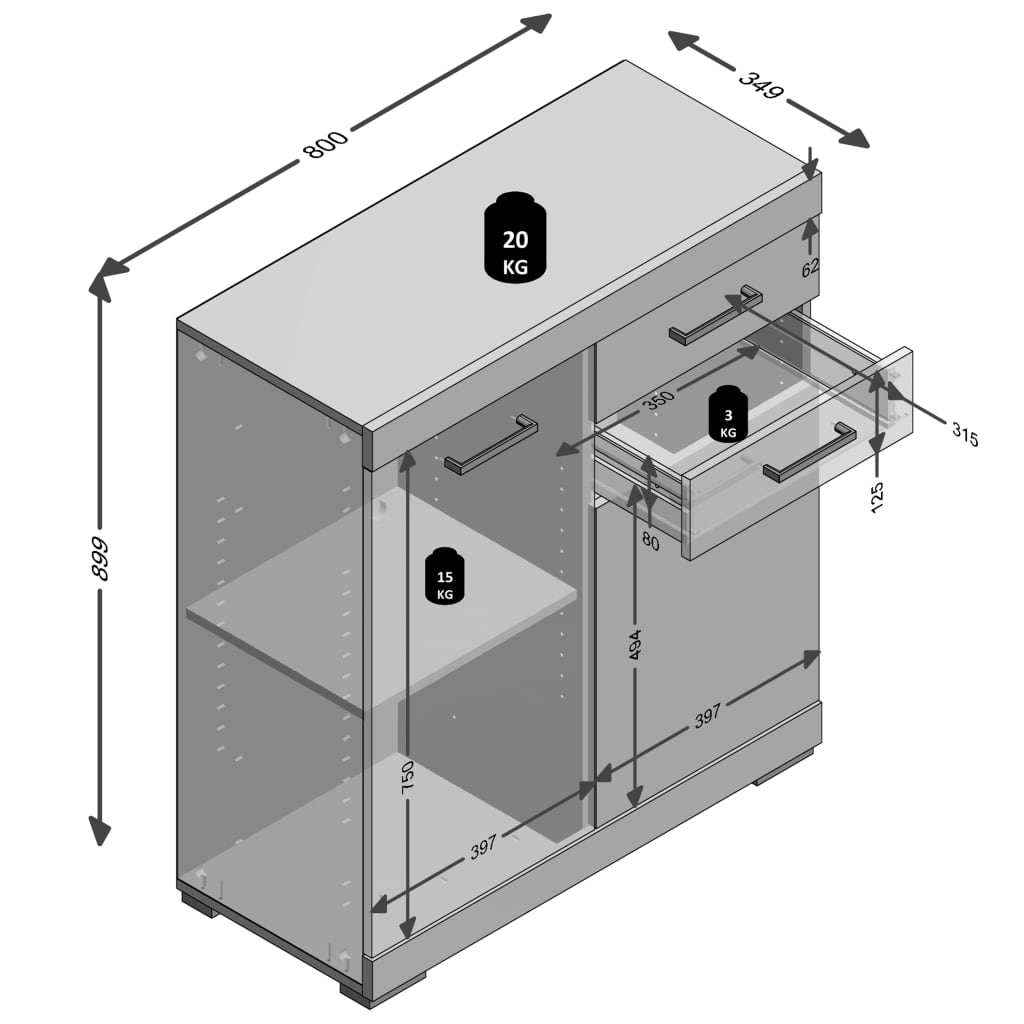 FMD Скрин с 2 врати и 2 чекмеджета, 80x34,9x89,9 см, дъб