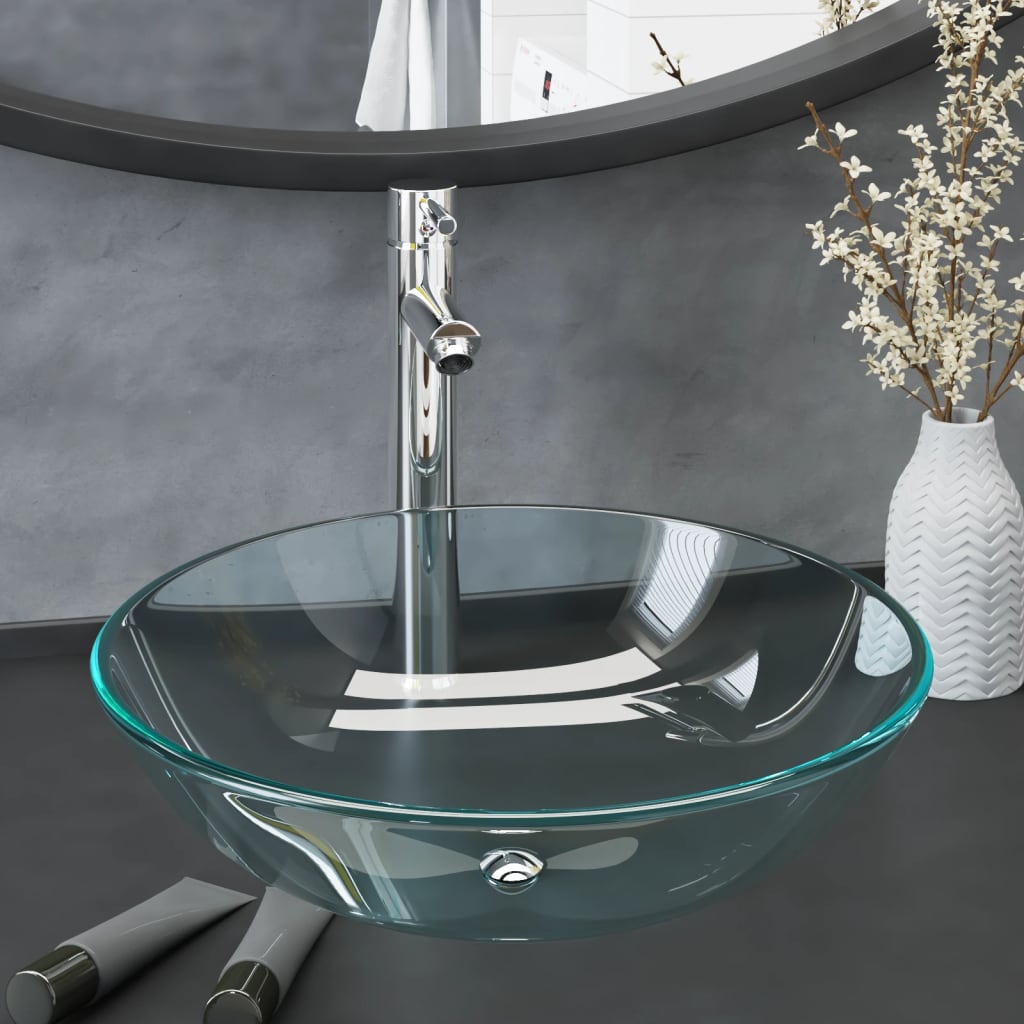 vidaXL Мивка за баня с кран и сифон, прозрачно закалено стъкло