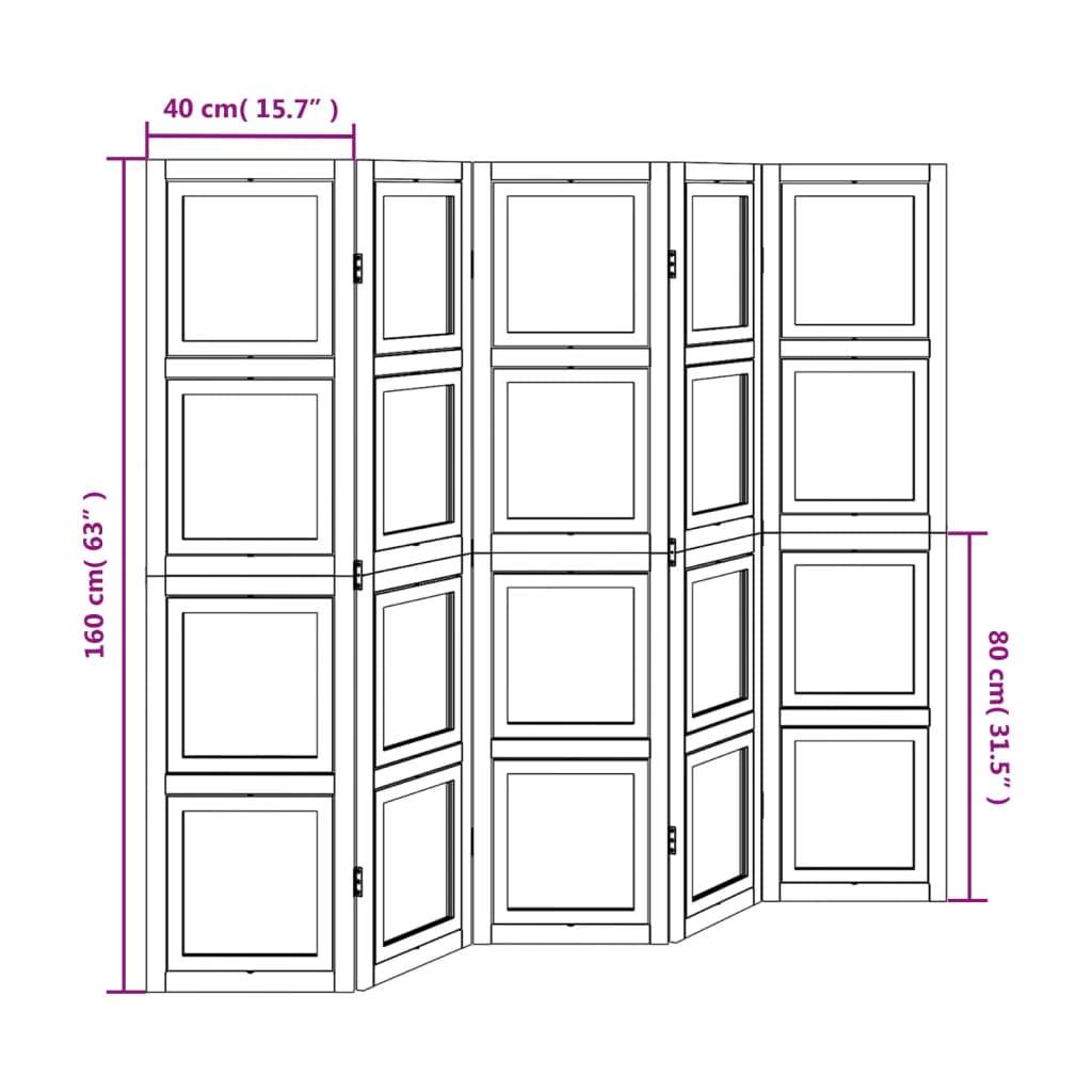 vidaXL Разделител за стая, 5 панела, бял, дърво пауловния масив