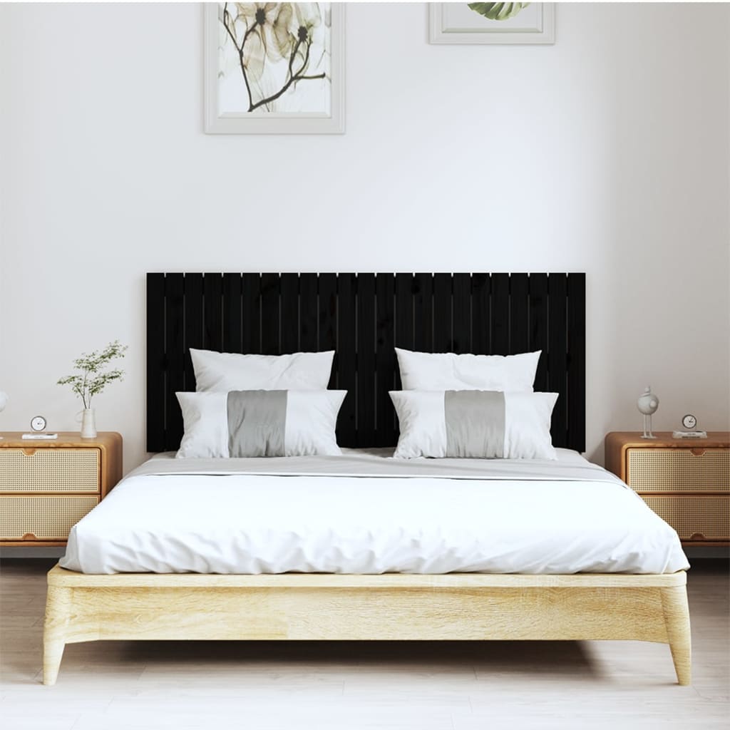 vidaXL Стенна табла за спалня, черна, 147x3x60 см, борово дърво масив