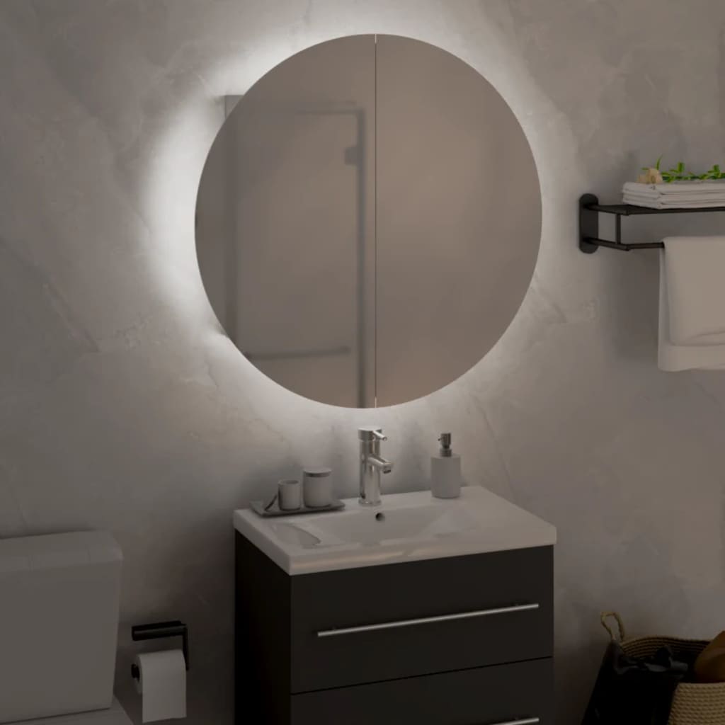 vidaXL Шкаф за баня с кръгло огледало и LED, бял, 47x47x17,5 см