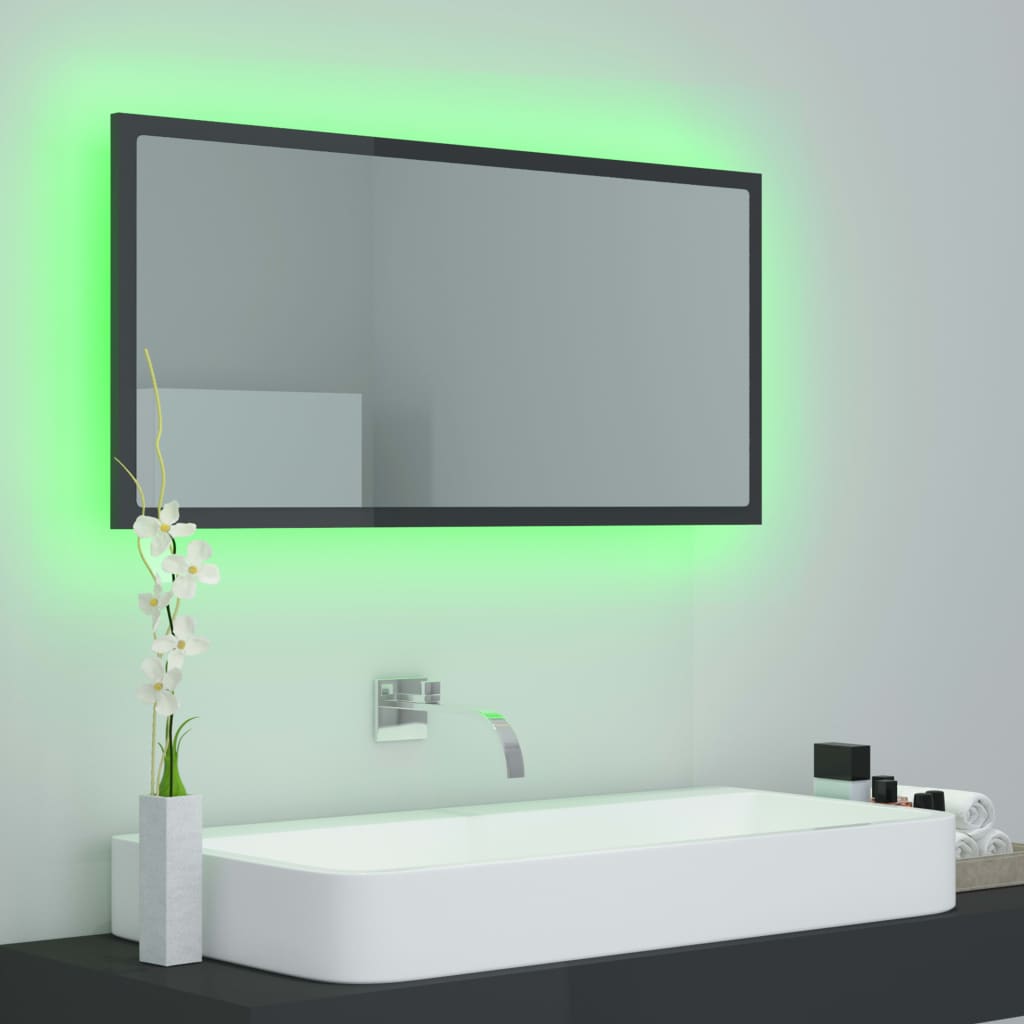 vidaXL LED огледало за баня, сив гланц, 90x8,5x37 см, акрил