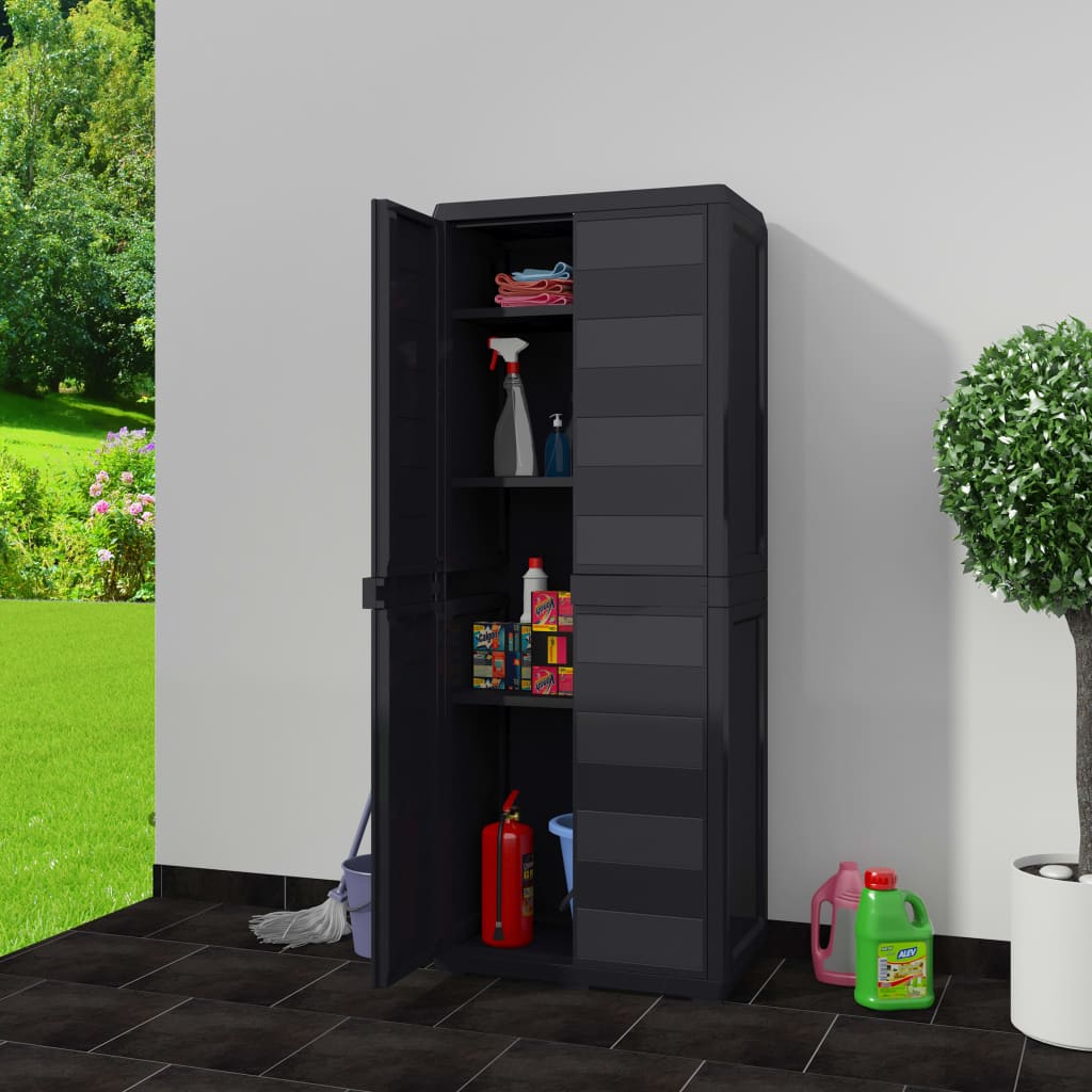vidaXL Градински шкаф за съхранение с 3 рафта, черен
