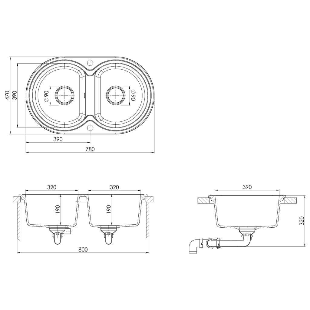 vidaXL Кухненска мивка с двойно корито, овална, черна, гранит