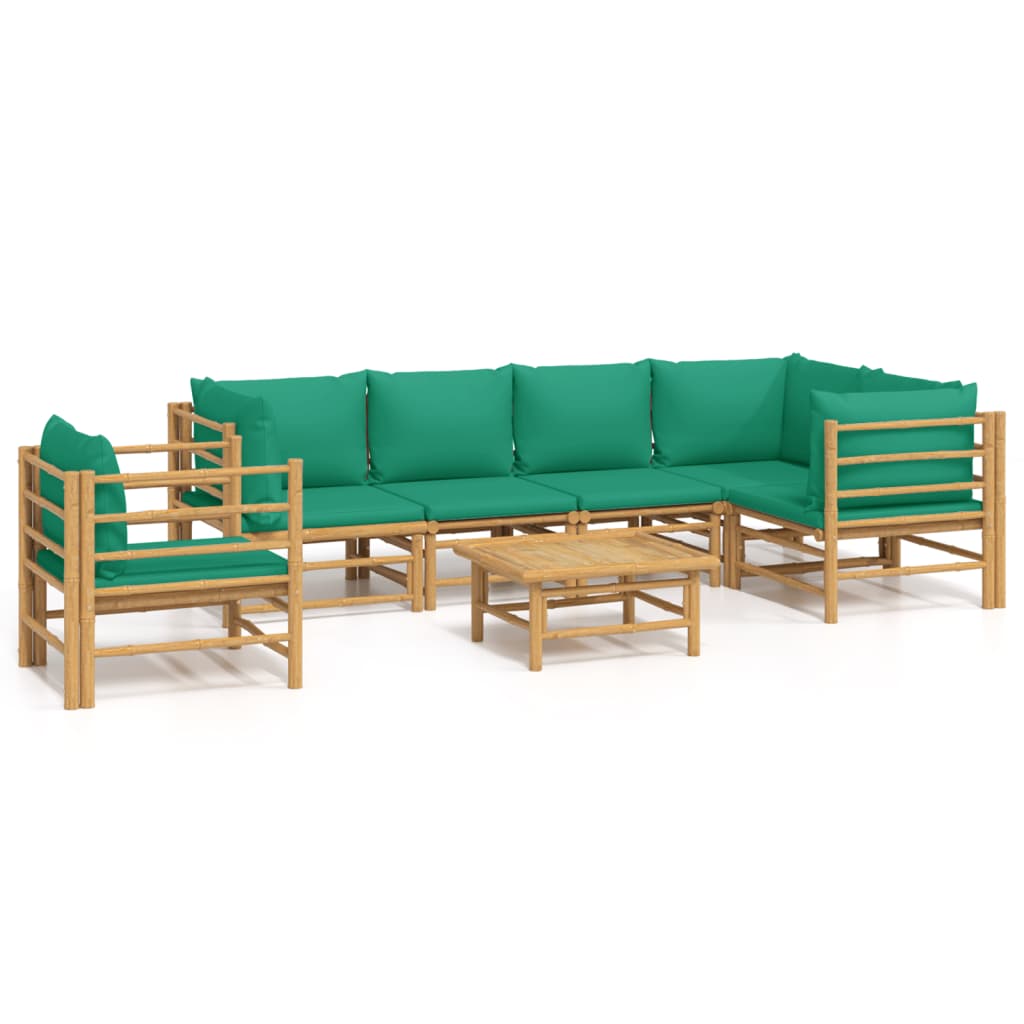 vidaXL Градински лаундж комплект, 7 части, зелени възглавници, бамбук