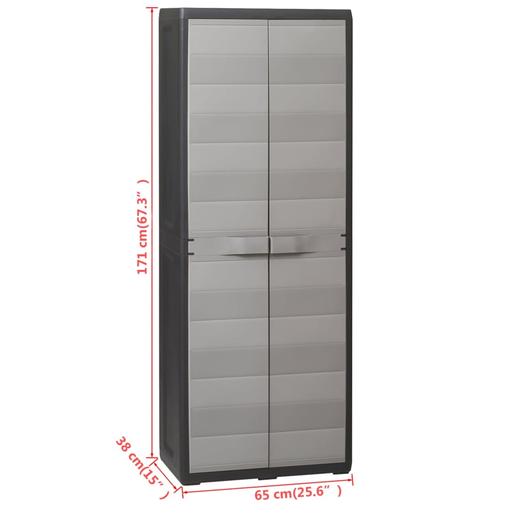 vidaXL Градински шкаф за съхранение с 3 рафта, черно и сиво