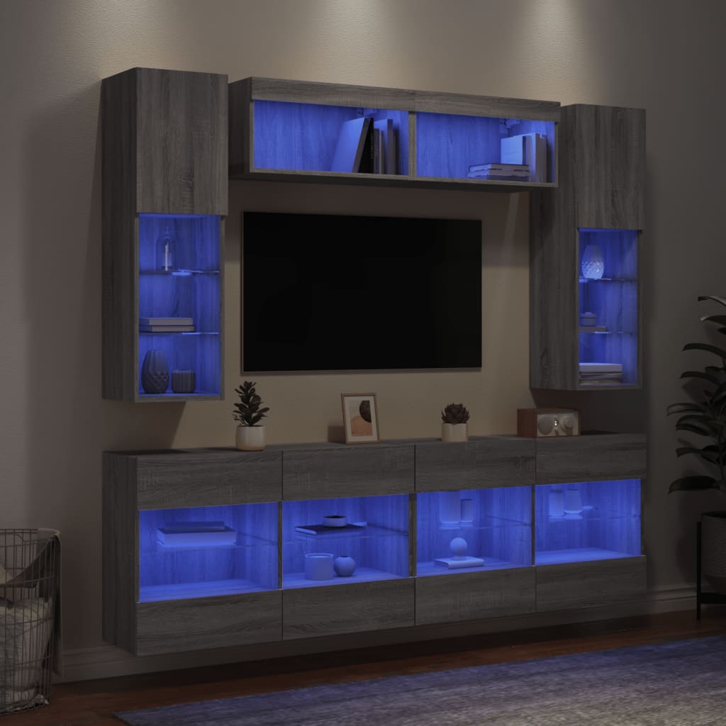 vidaXL Комплект ТВ стенни шкафове, 6 части, с LED светлини, сив сонома