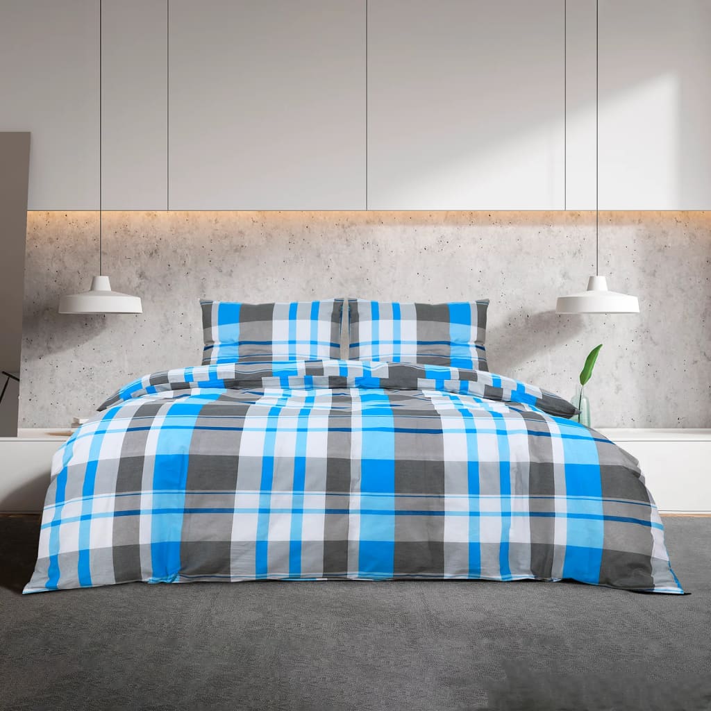 vidaXL Комплект спално бельо, синьо и сиво, 200x200 см, памук