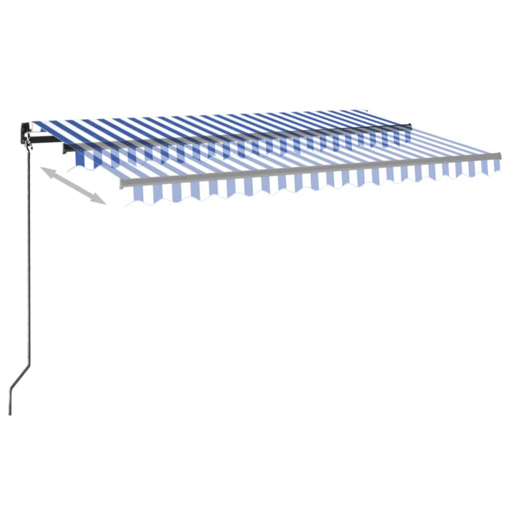 vidaXL Ръчно прибиращ се сенник с LED, 450x350 см, синьо и бяло