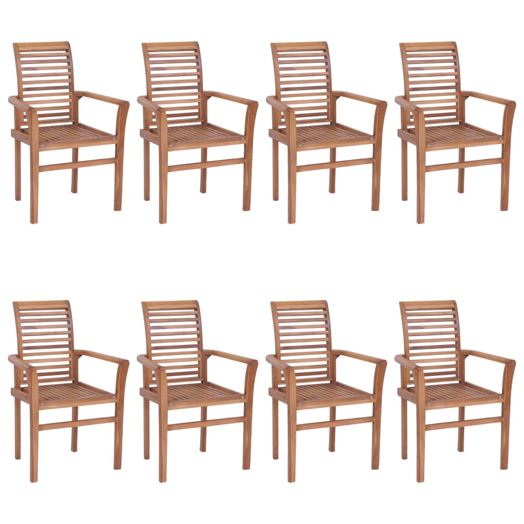 vidaXL Трапезни столове, 8 бр, с виненочервени възглавници, тик масив