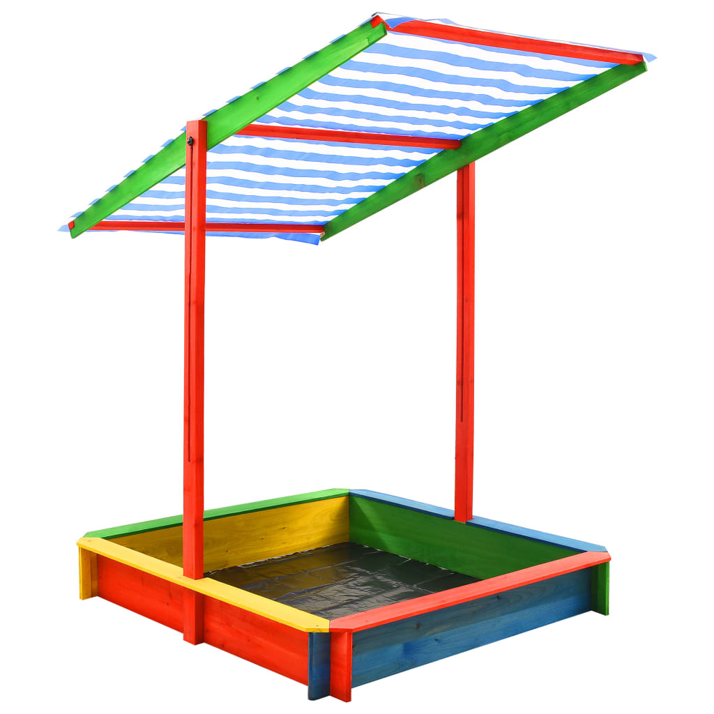 vidaXL Пясъчник с регулируем покрив, чамова дървесина, пъстър, UV50