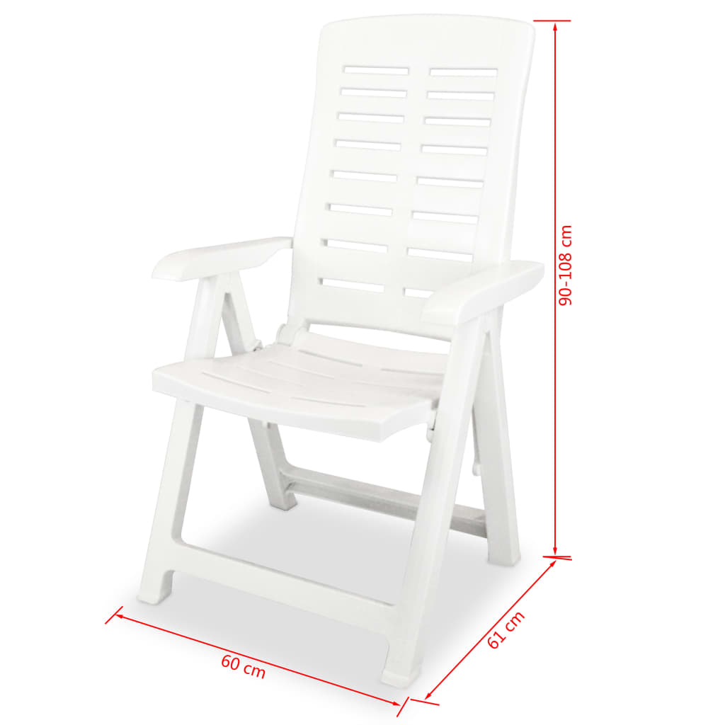 vidaXL Накланящи се градински столове, 6 бр, пластмаса, бели