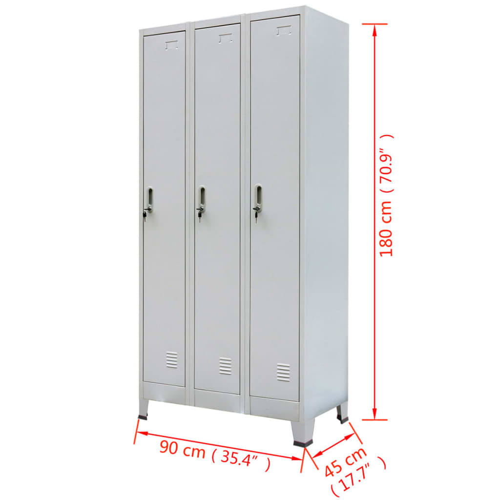 vidaXL Заключващ се шкаф с 3 отделения, стомана, 90x45x180 cм, сив