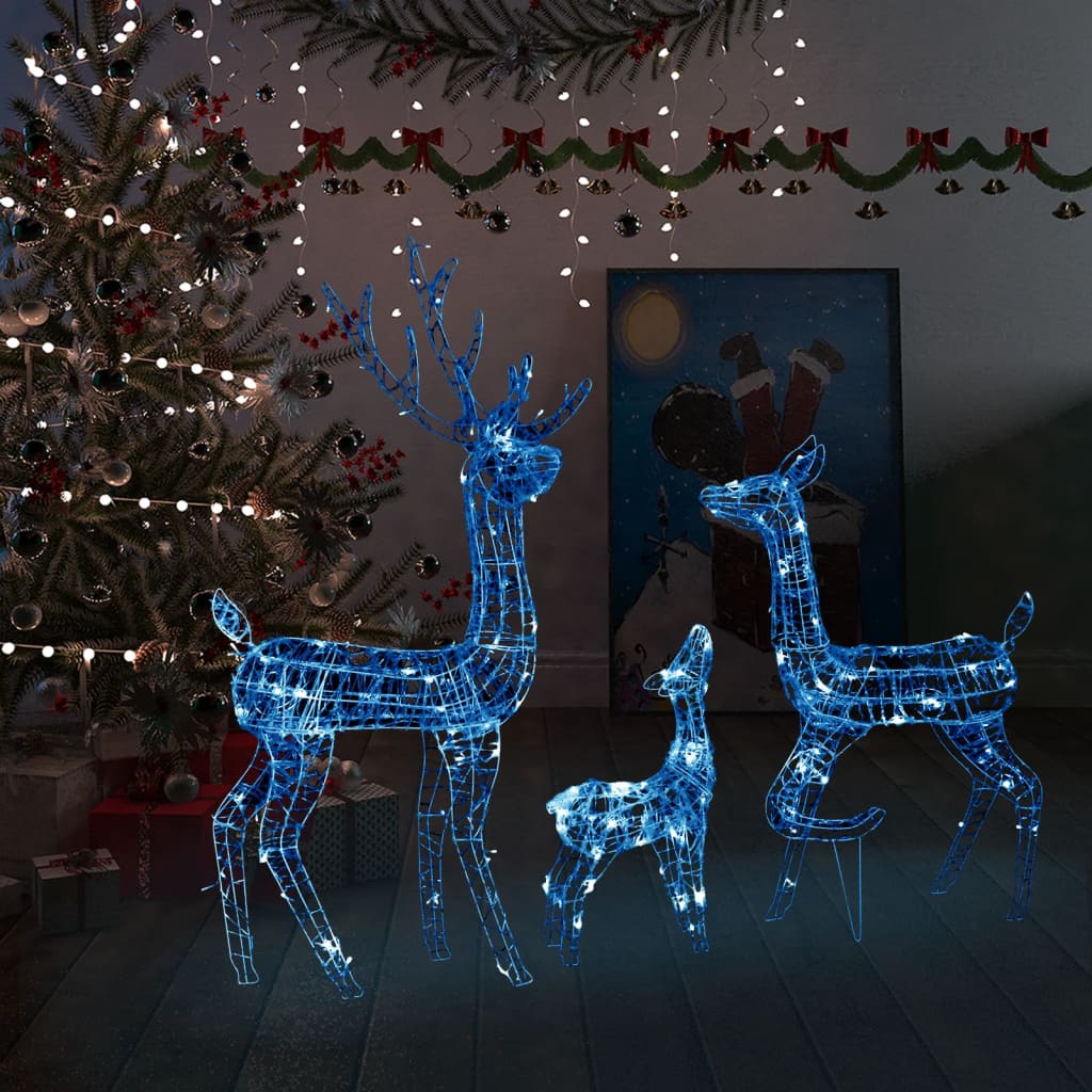 vidaXL Акрилна коледна украса семейство елени, 300 LED, синьо