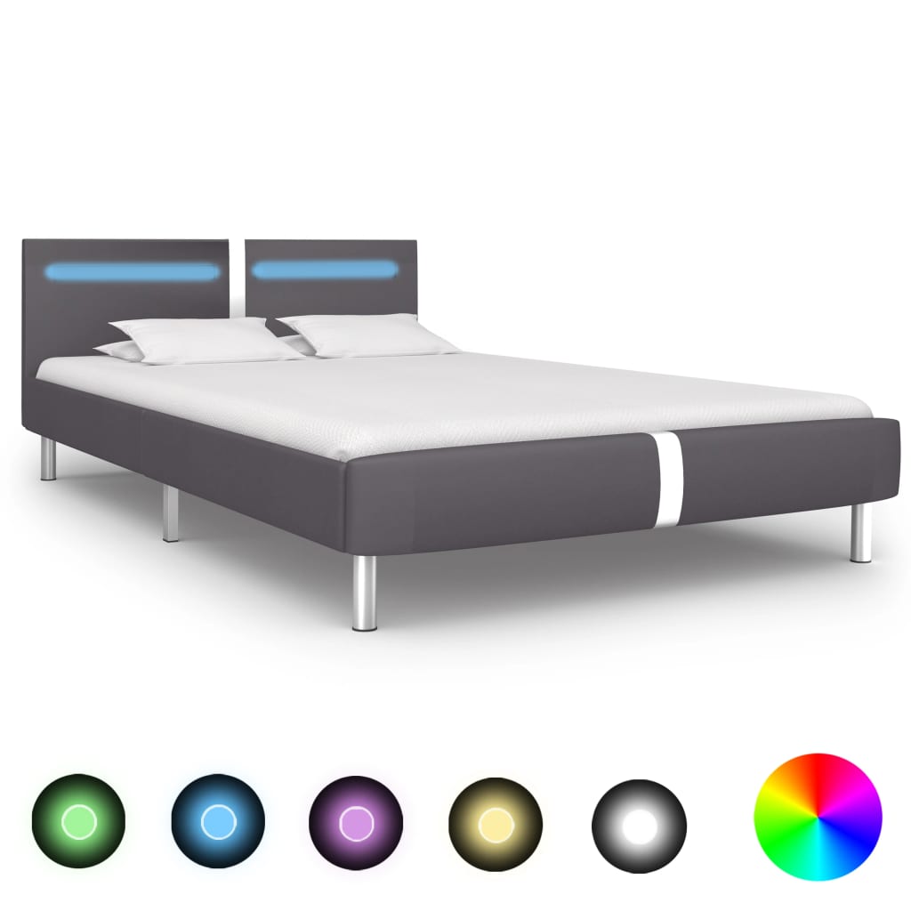 vidaXL Рамка за легло с LED, сива, изкуствена кожа, 140x200 cм