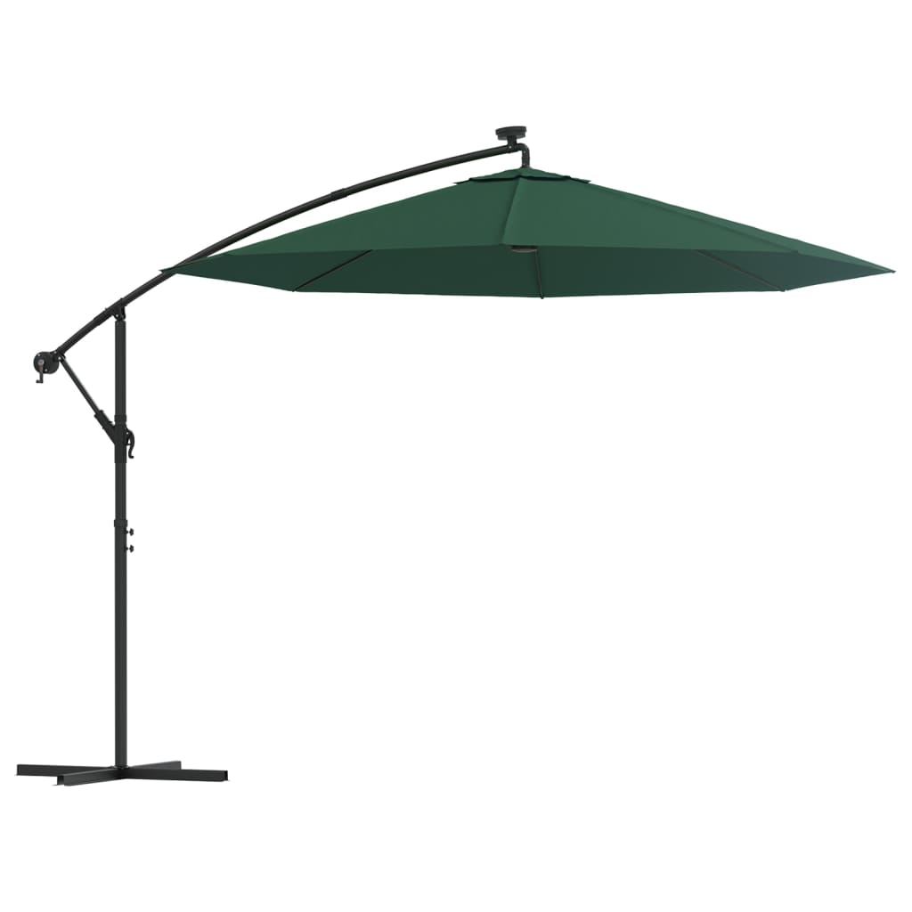 vidaXL Висящ чадър с LED осветление, 300 см, зелен, метален прът