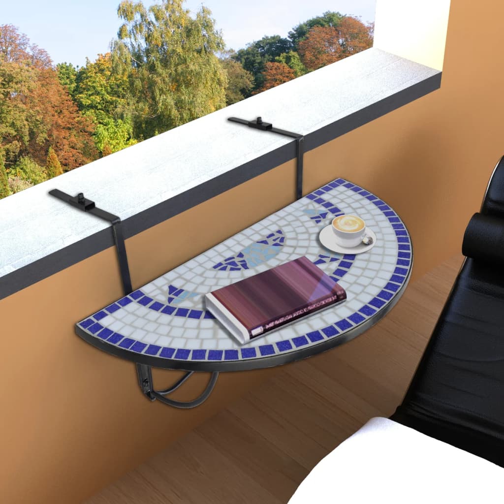 vidaXL Висяща балконска маса, синьо и бяло, мозайка