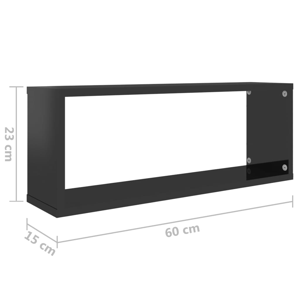 vidaXL Стенни кубични рафтове, 2 бр, черен гланц, 60x15x23 см, ПДЧ