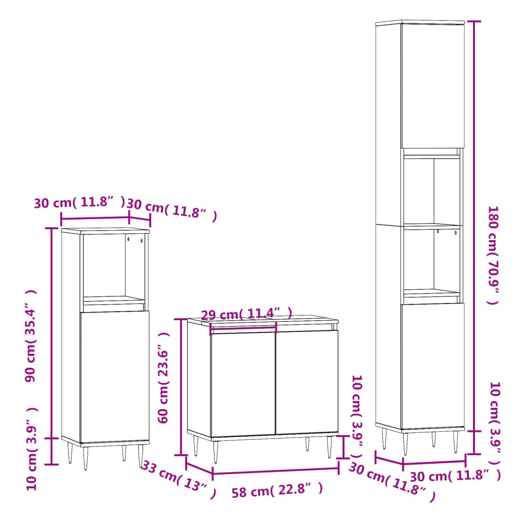 vidaXL Комплект шкафове за баня от 3 части инженерно дърво кафяв дъб