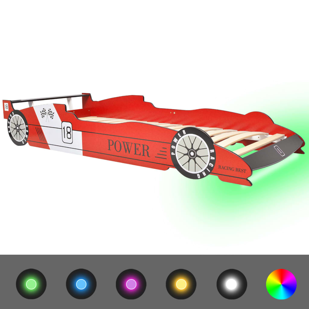 vidaXL Детско легло “състезателна кола“, LED лента, 90x200 cм, червено