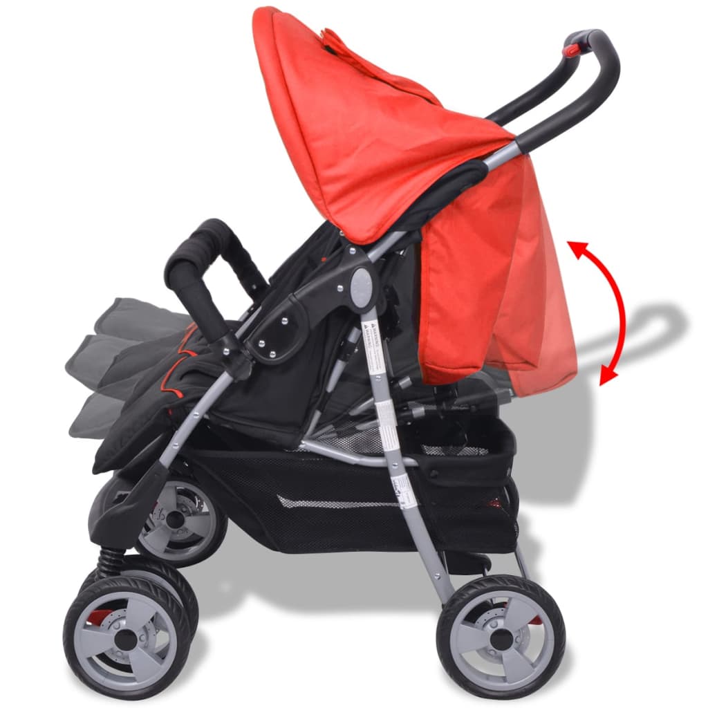 vidaXL Бебешка количка за близнаци, стомана, червено и черно