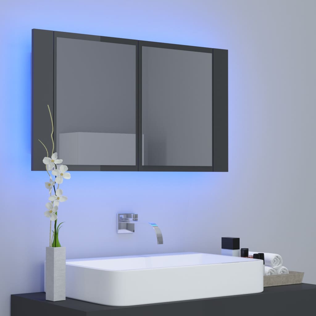 vidaXL Шкаф с LED огледало за баня, сив гланц, 80x12x45 см, акрил