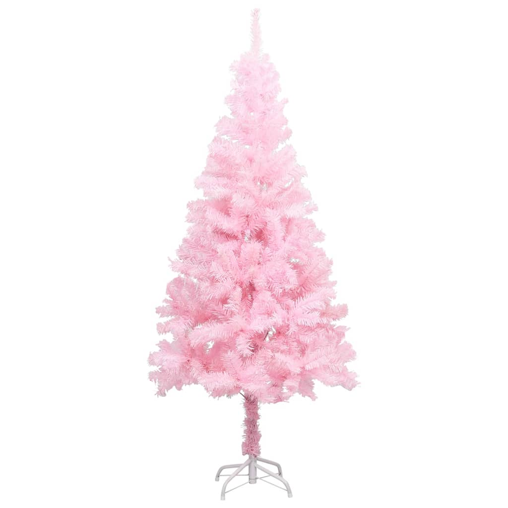 vidaXL Изкуствена осветена коледна елха със стойка розова 120 см PVC