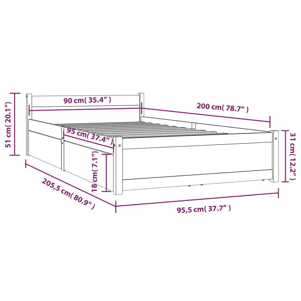 vidaXL Рамка за легло с чекмеджета, 90x200 см