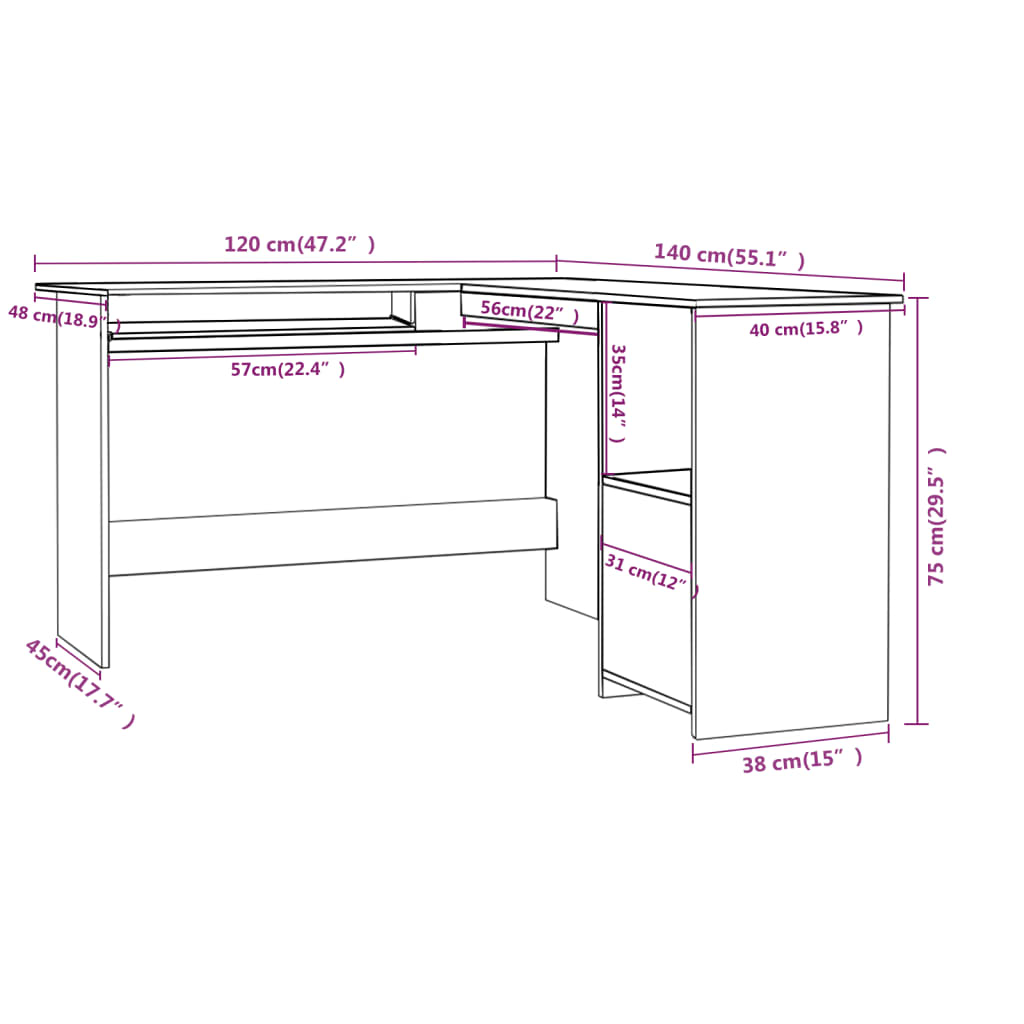 vidaXL Г-образно ъглово бюро, дъб сонома, 120x140x75 см, ПДЧ