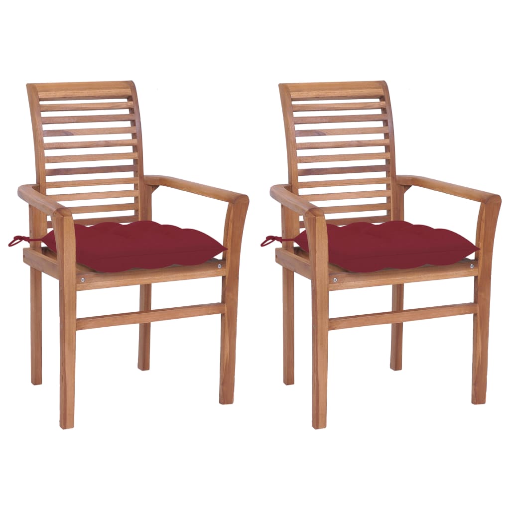 vidaXL Трапезни столове 2 бр виненочервени възглавници тик масив