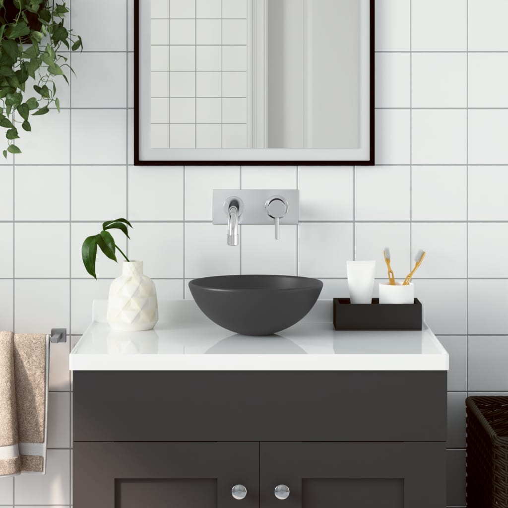 vidaXL Керамична мивка за баня, тъмносива, кръгла