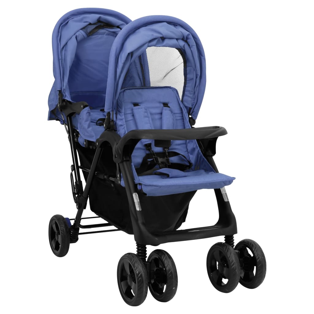 vidaXL Тандемна количка за близнаци, нейви синьо, стомана