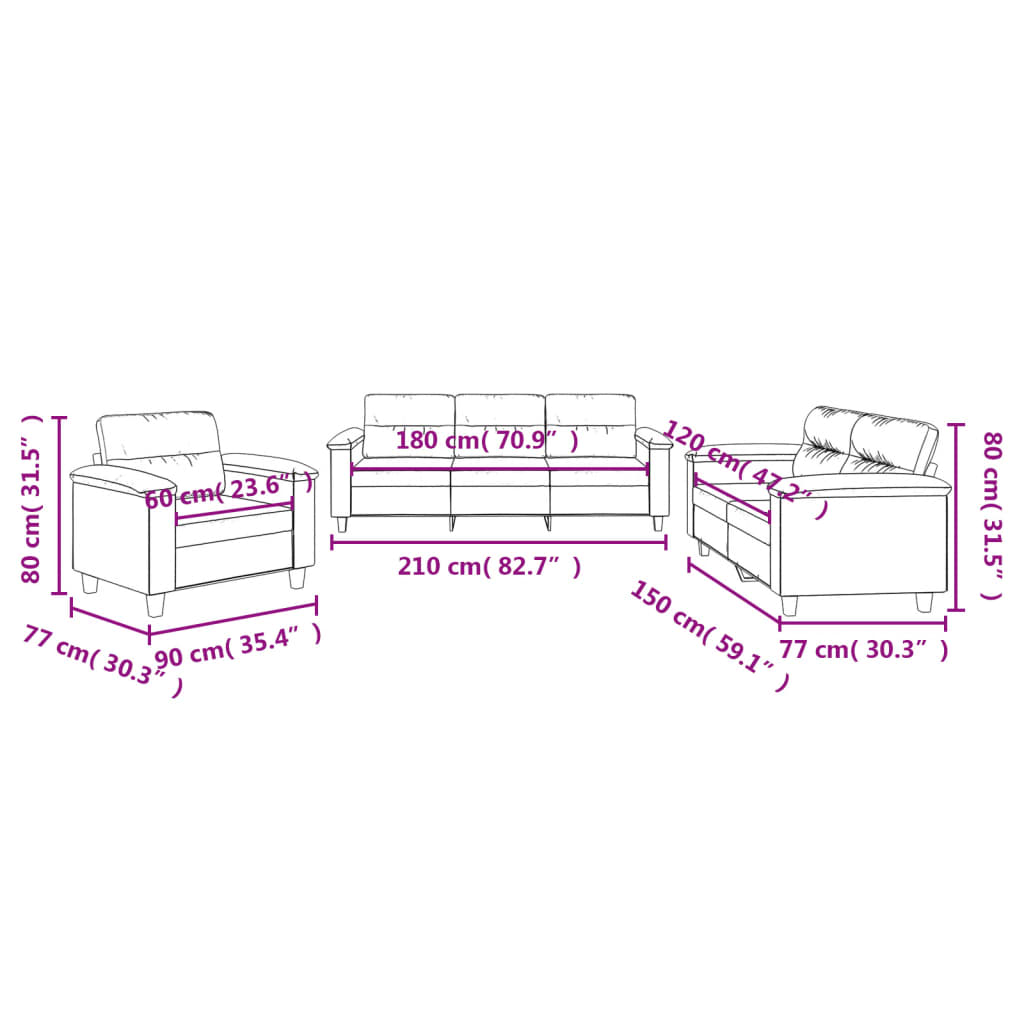 vidaXL Комплект дивани 3 части с възглавници светлосив плат микрофибър