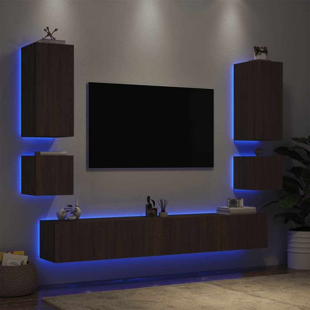 vidaXL ТВ стенни шкафове, 6 части, с LED светлини, кафяв дъб