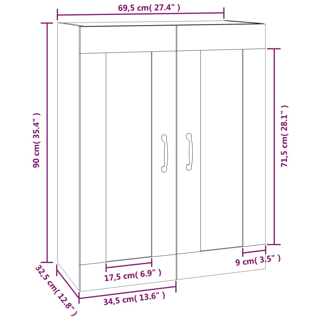 vidaXL Окачен стенен шкаф, дъб сонома, 69,5x32,5x90 см