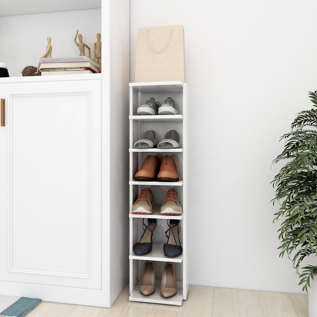 vidaXL Шкаф за обувки, бял гланц, 27,5x27x102 см, инженерно дърво