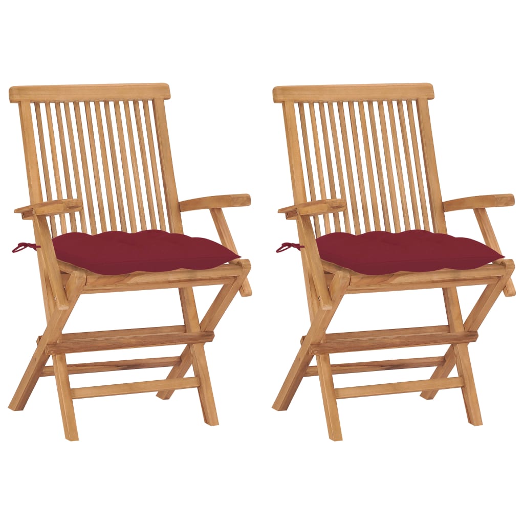 vidaXL Градински столове с виненочервени възглавници 2 бр тик масив