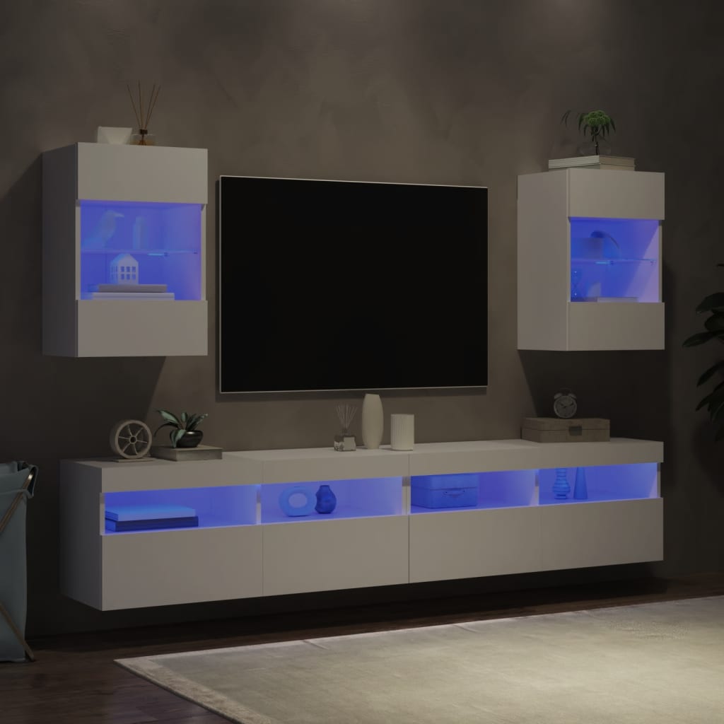 vidaXL Стенни ТВ шкафове с LED осветление, 2 бр, бели, 40x30x60,5 см