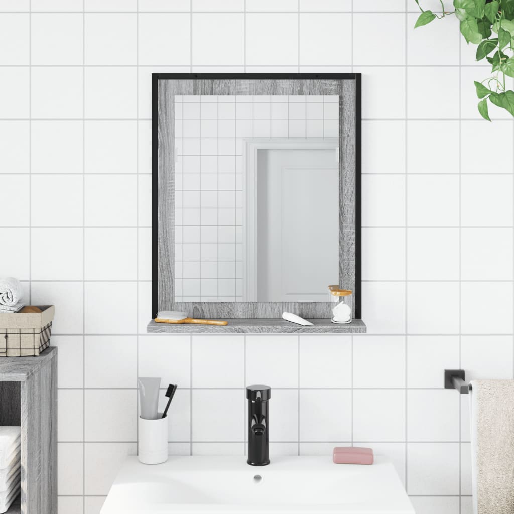 vidaXL Огледало за баня с рафт сив сонома 50x12x60 см инженерно дърво