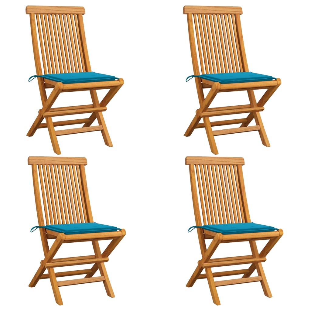 vidaXL Градински столове със сини възглавници 4 бр тиково дърво масив