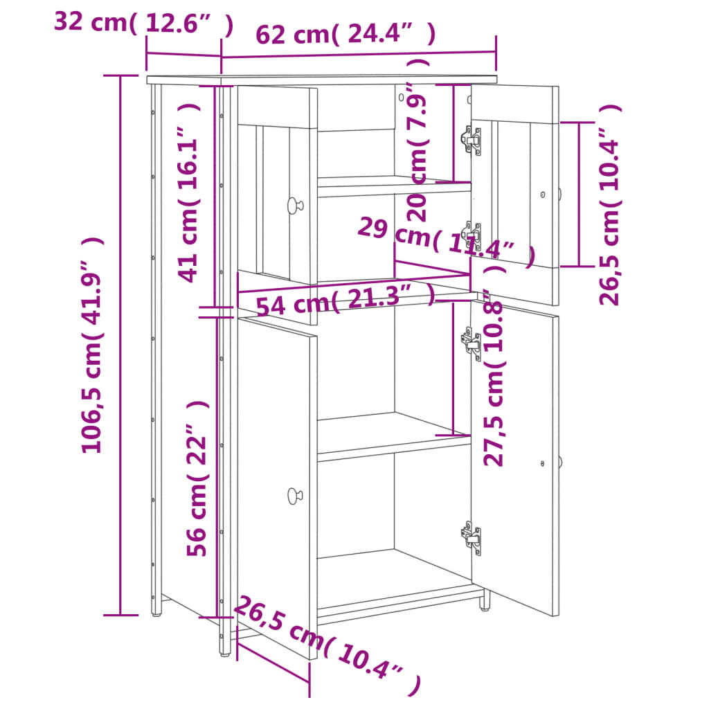vidaXL Висок шкаф, сив сонома, 62x32x106,5 см, инженерно дърво