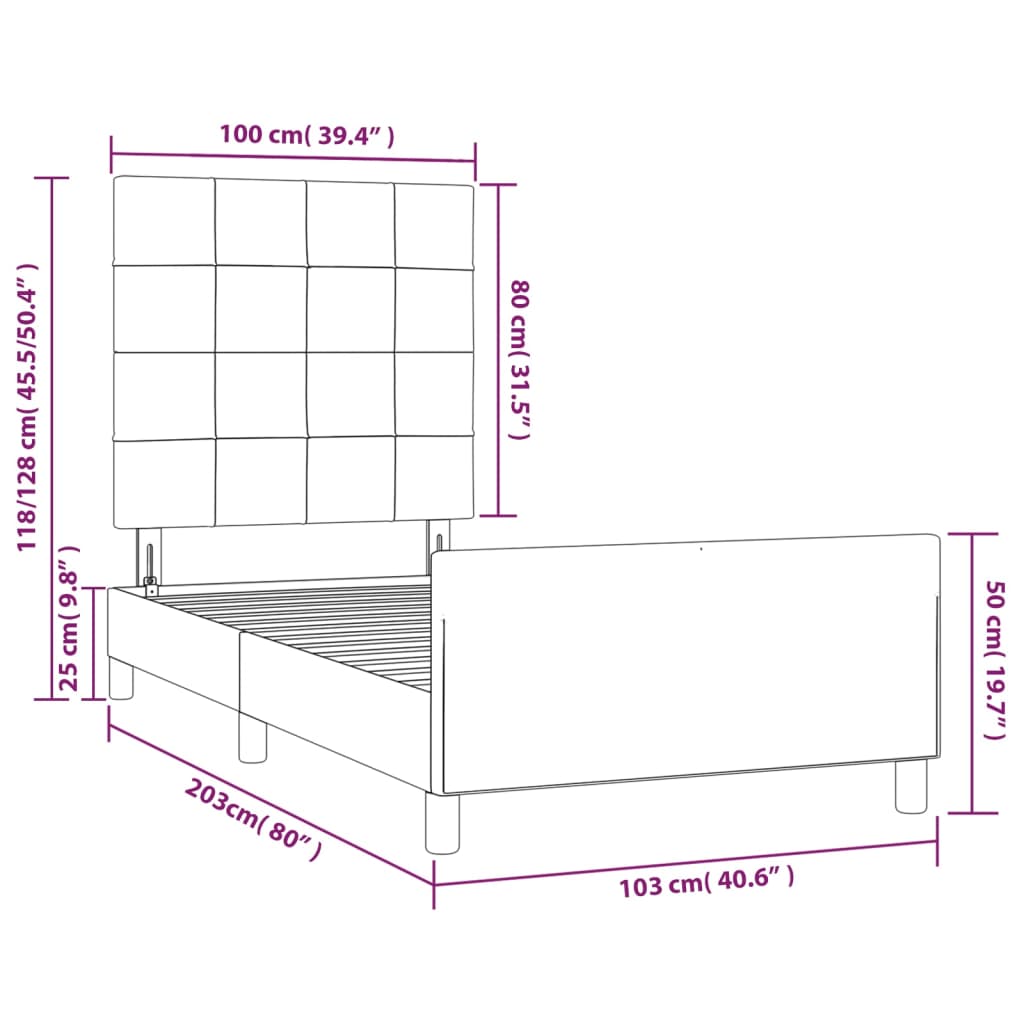 vidaXL Рамка за легло с табла светлосива 100x200 см плат