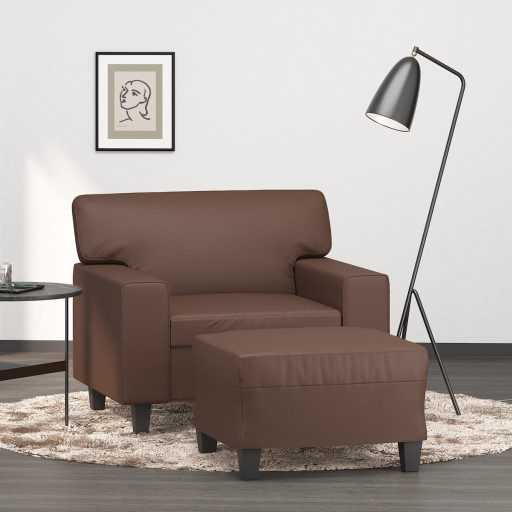 vidaXL Кресло с табуретка, кафяво, 60 см, изкуствена кожа