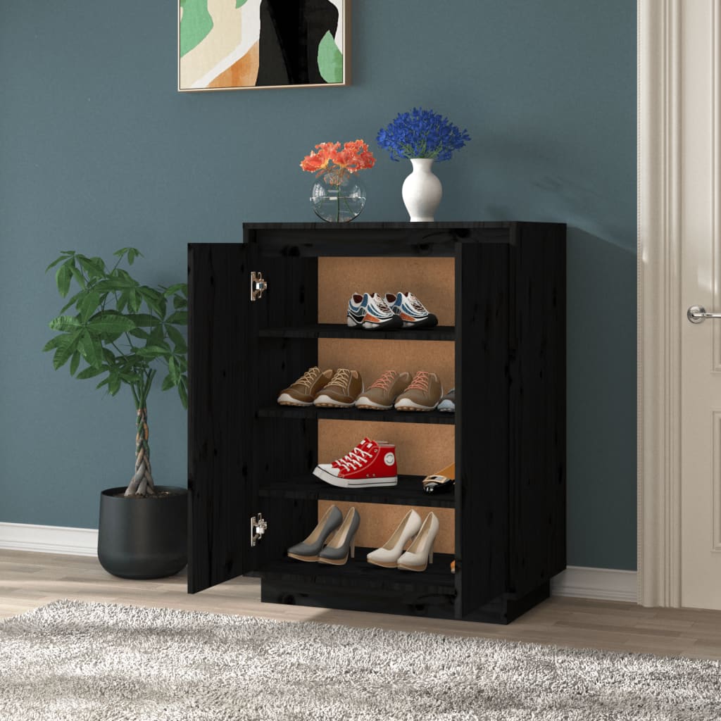 vidaXL Шкаф за обувки, черен, 60x35x80 см, бор масив